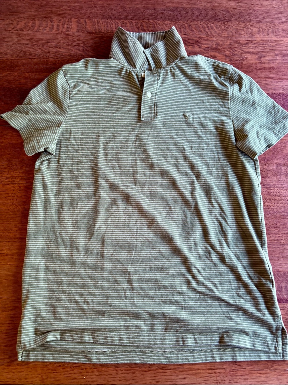 American Eagle Outfitters Olive and Light Green Striped Polo
